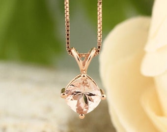 14 Karat Rose Gold Cushion Cut 1.00 Carats Peach Pink Morganite Pendant with sterling silver chain