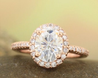 Forever One (GHI) Moissanite Near Colorless  14K Rose Gold Diamond engagement  Halo Ring - antique Style - Gem748