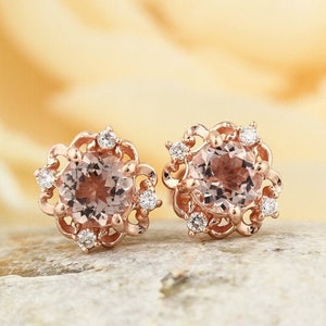 14K Rose Gold 1.00 CT Natural Morganite & Diamond Sculptural Style Stud Earrings