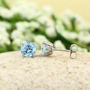 Solid 14k White Gold Gemstone Stud Earrings, 6mm Round (Ice Blue Topaz)