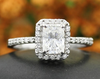 Certified  Emerald Cut /Octagon   Forever One Moissanite (Near-colorless)  Solid 14K White Gold   Engagement  Ring - OV94506