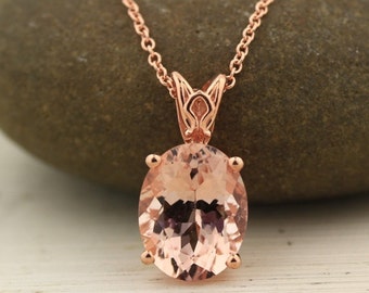 Certified Natural Morganite  (11x9mm) Vintage Scroll Style Pendant Necklace 14K Rose Gold with 18" Cable chain - Certified Appraisal