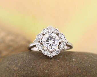 IGI Certified Lab Grown Diamond Engagement Ring Set , Vintage Floral style Bridal Set  In 14k White Gold,Yellow Gold, Rose Gold