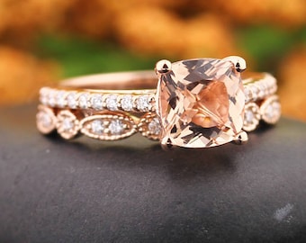 AAA Morganite Engagement Ring Set , Diamond Wedding Ring Set  with Art deco wedding band In 14k Rose Gold 7mm Cushion Gem1446