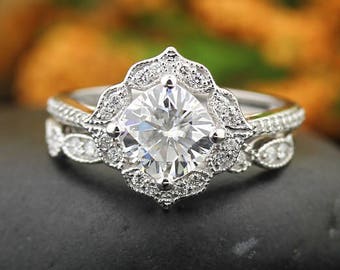 Certified Forever Moissanite Engagement Ring Set,  Diamond Wedding Set Vintage Floral art deco  Ring Set In 14k White Gold   Gem1224