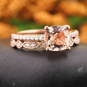 AAA Morganite Engagement Ring Set , Diamond Wedding Ring Set  with Art deco wedding band In 14k Rose Gold 7mm Cushion Gem1446