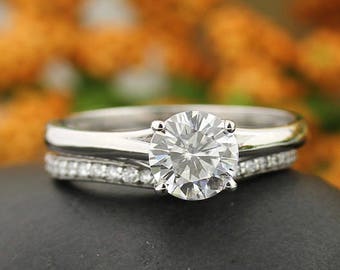 Certified 7mm round Forever One Moissanite Colorless Engagement Ring & Diamond Wedding band set  In 14k White Gold,  Gem999