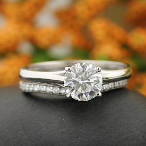 Certified 7mm round Forever One Moissanite Colorless Engagement Ring & Diamond Wedding band set  In 14k White Gold,  Gem999