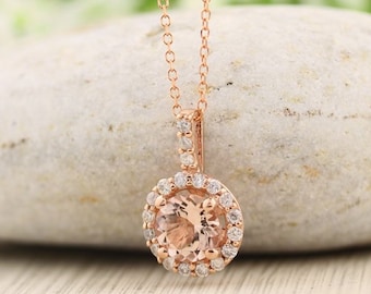 14k Rose Gold Diamond Morganite Halo style Pendant Necklace, 18" rose gold chain.