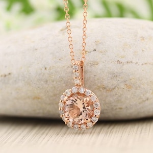 14k Rose Gold Diamond Morganite Halo style Pendant Necklace, 18&quot; rose gold chain.