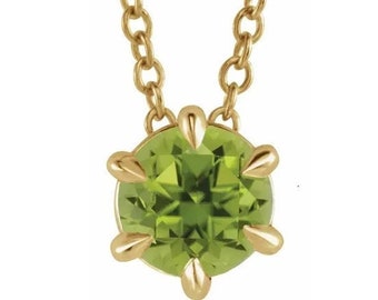 Natural  Peridot Solitaire Pendant Necklace In 14K Yellow Gold .  Adjustable 16"-18" . Birthday Stone  Necklace.