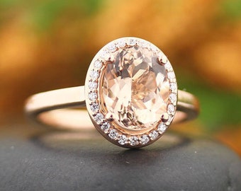 AAA Morganite Engagement Ring Set  Diamond Wedding Ring Set with Art deco Wedding band In 14k Rose Gold Gem1448