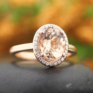 AAA Morganite Engagement Ring Set  Diamond Wedding Ring Set with Art deco Wedding band In 14k Rose Gold Gem1448
