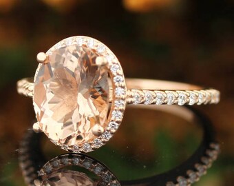 Pink Morganite  14K Rose Gold Diamond engagement  Halo Ring set- Gem824