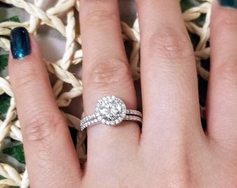 IGI Certified Lab Grown Diamond Solid 14K White Gold Halo Engagement Ring Set Gift For Her