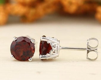 Solid 14k White Gold  AAA Natural Garnet Scroll Stud Earrings, 6mm Round