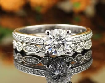 IGI Certified Lab Grown Diamond Solid 14K Yelow /White / Rose Gold Halo Floral Engagement Ring / Wedding Set  Gift For Her