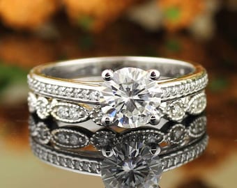 14K White Gold Round Brilliant  Moissanite  Colorless  Engagement  Ring Set Gift For Her - ST233226