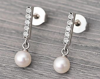14K White ,Yellow . Rose Gold Cultured Akoya Pearl &  1/10  CTW Diamond Bar Earrings