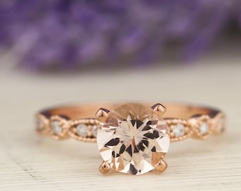 AAA 7mm Round Morganite  & Diamond Engagement Ring In 14k Rose Gold  Gem924-R