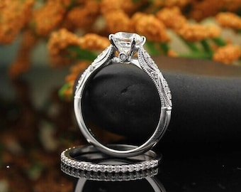 IGI Certified Lab Grown Diamond Solid 14K White Gold Vintage Style Engagement Ring Set Gift For Her