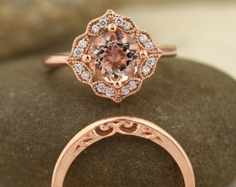 Bridal Set Floral Design  Fancy Morganite Engagement Ring with Milgrain 14K Rose Gold Diamond Halo Wedding SET 8mm Round -Gem1141