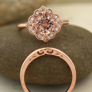 Bridal Set Floral Design  Fancy Morganite Engagement Ring with Milgrain 14K Rose Gold Diamond Halo Wedding SET 8mm Round -Gem1141