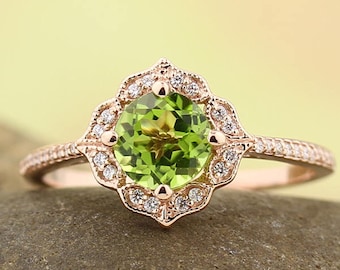 Natural Peridot Engagement Ring Diamond Wedding Ring Vintage Floral Ring In 14k Rose Gold Gem1224