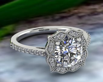 Certified Moissanite Vintage Floral Style Engagement Ring   Diamond Wedding Ring In 14k White Gold  Gold  7mm Round Gem1407