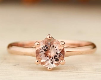 6mm Round Morganite Solitaire Ring In Solid 10K Rose Gold Gem1434