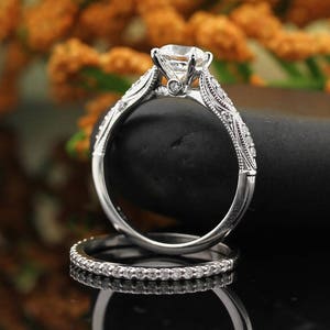 Certified Forever One Moissanite Colorless Vintage style Engagement Ring Set,Diamond Wedding band set  In 14k White Gold,  Gem1439