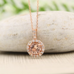 14k Rose Gold Diamond Morganite Halo style Pendant Necklace, 18&quot; (rose-gold)