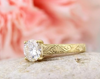 IGI Certified Lab Grown Diamond  Vintage  Hand Engraved Solitaire Engagement Ring  in 14K Solid Gold  /  GEM1113