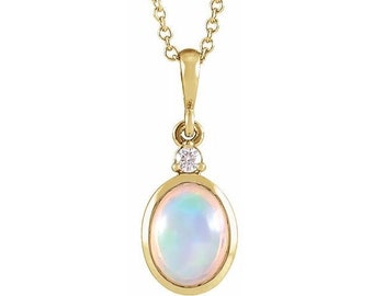 Ethiopian Opal Diamond 14k Gold Pendant Necklace, October Birthstone Dainty Pendant for Women