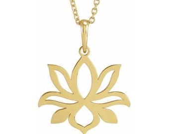 14K Solid Gold Lotus Pendant Necklace In White/Yellow /Rose Gold ( 21 MM x 17 MM)