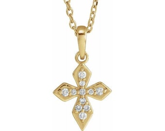 14K Solid White or Yellow  Gold Petite Diamond Cross Necklace