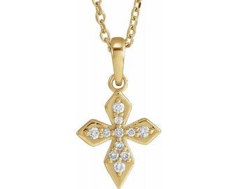 14K Solid White or Yellow  Gold Petite Diamond Cross Necklace