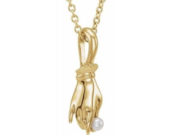14K Yellow Cultured White Seed Pearl Buddha Hand  Necklace