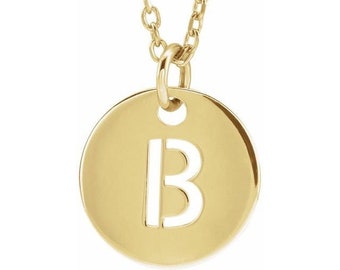 14K Gold Initial 10 mm Disc 16-18" Necklace, Letter Necklace, Gold Necklace