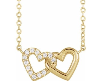 Natural Diamond Petite Double Interlocking Heart 16-18" Necklace In  14K Yellow Gold/White Gold/Rose Gold