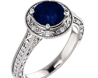 Art Deco Diamond Sapphire  Ring ,Vintage Style Engagement Ring In 14k white Gold, 7mm Round  - ST234149