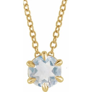 6MM Round Natural  Moonstone Solitaire Pendant Necklace In 14K Yellow Gold .  Adjustable 16"-18" . Birthday Stone  Necklace.