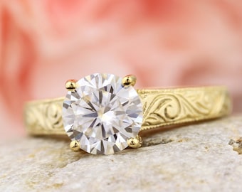 2ct Moissanite Engagement Ring in solid 14k Gold, Antique Engraved TRELLIS Style  Ring Gem1181