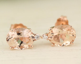 14K Rose Gold Natural Morganite & Diamond Ladies Stud Earrings (rose-gold, Morgnaite)