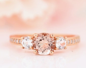 GNG 1.25 CTTW Natural Morganite,Diamond and White Topaz 3 Stone Ring in 10k Rose Gold