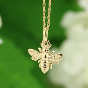 14K Solid White or Yellow  Gold Honey Bee Pendant Necklace, 18" Solid Gold Rope Chain