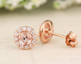 14K Rose Gold Round Morganite & Diamond Ladies Halo Style Stud Earrings (Apprx. 1 cttw) (rose-gold, Morganite)