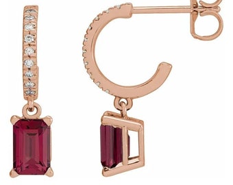 14K Rose Natural Rhodolite Garnet  Natural Diamond French-Set Hoop Earrings