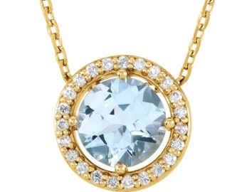 14K Gold Natural  Aquamarine Halo Pendant Necklace  16-18" Necklace