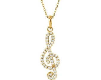 14K Yellow /White Gold Petite Treble Clef Pendant Necklace- 18" chain